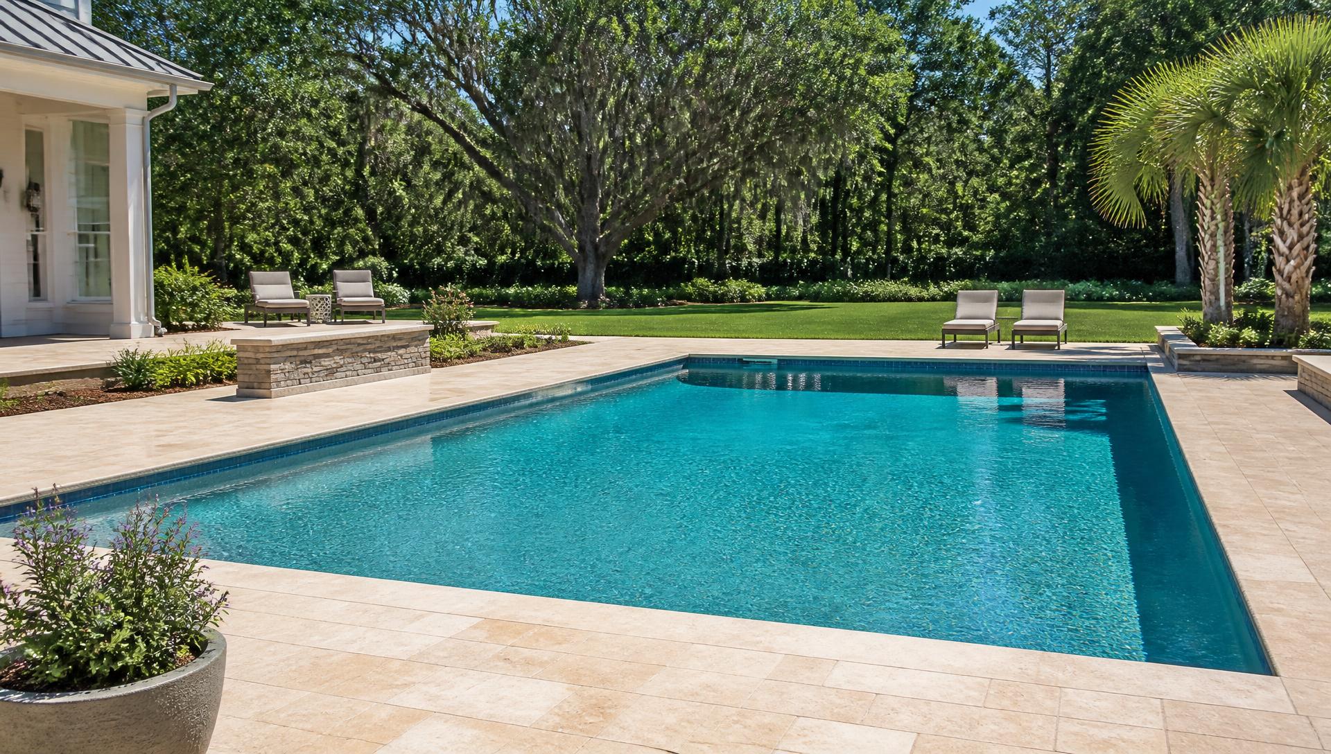 Pristine inground swimming pool with clear blue water in a bright South Carolina backyard