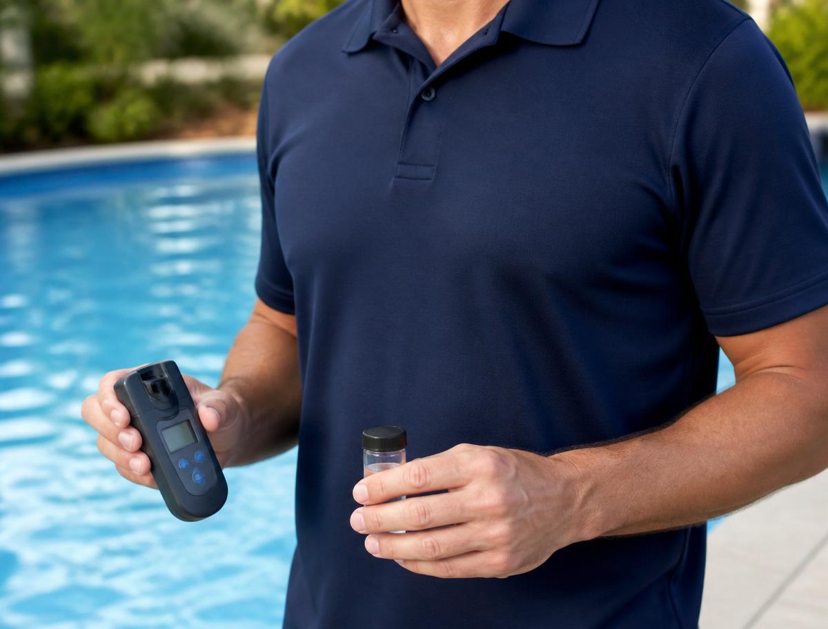 Pool technician testing water chemistry with a digital meter beside a pool
